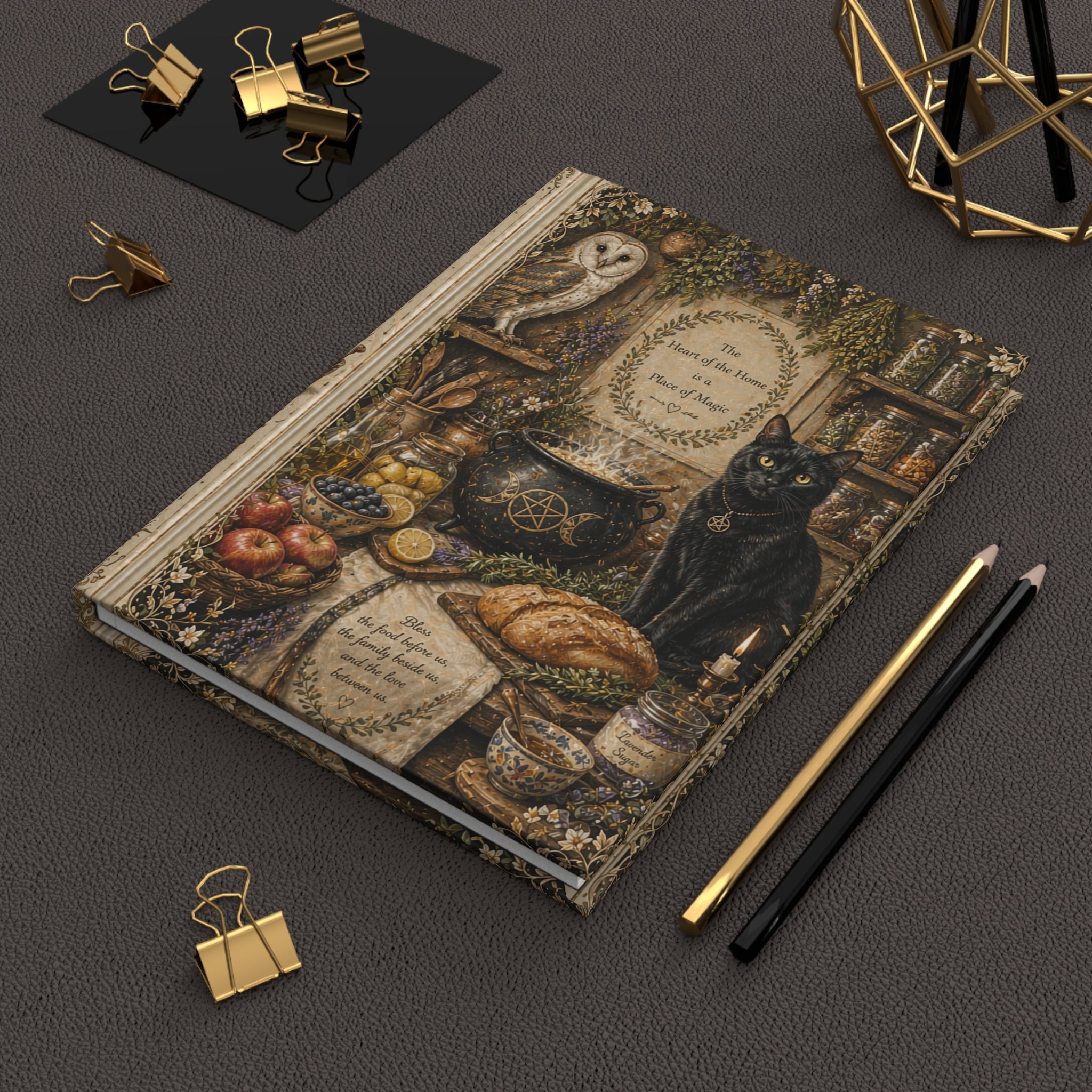 Witch's Kitchen Hardcover Journal — Black Cat & Owl Grimoire Notebook