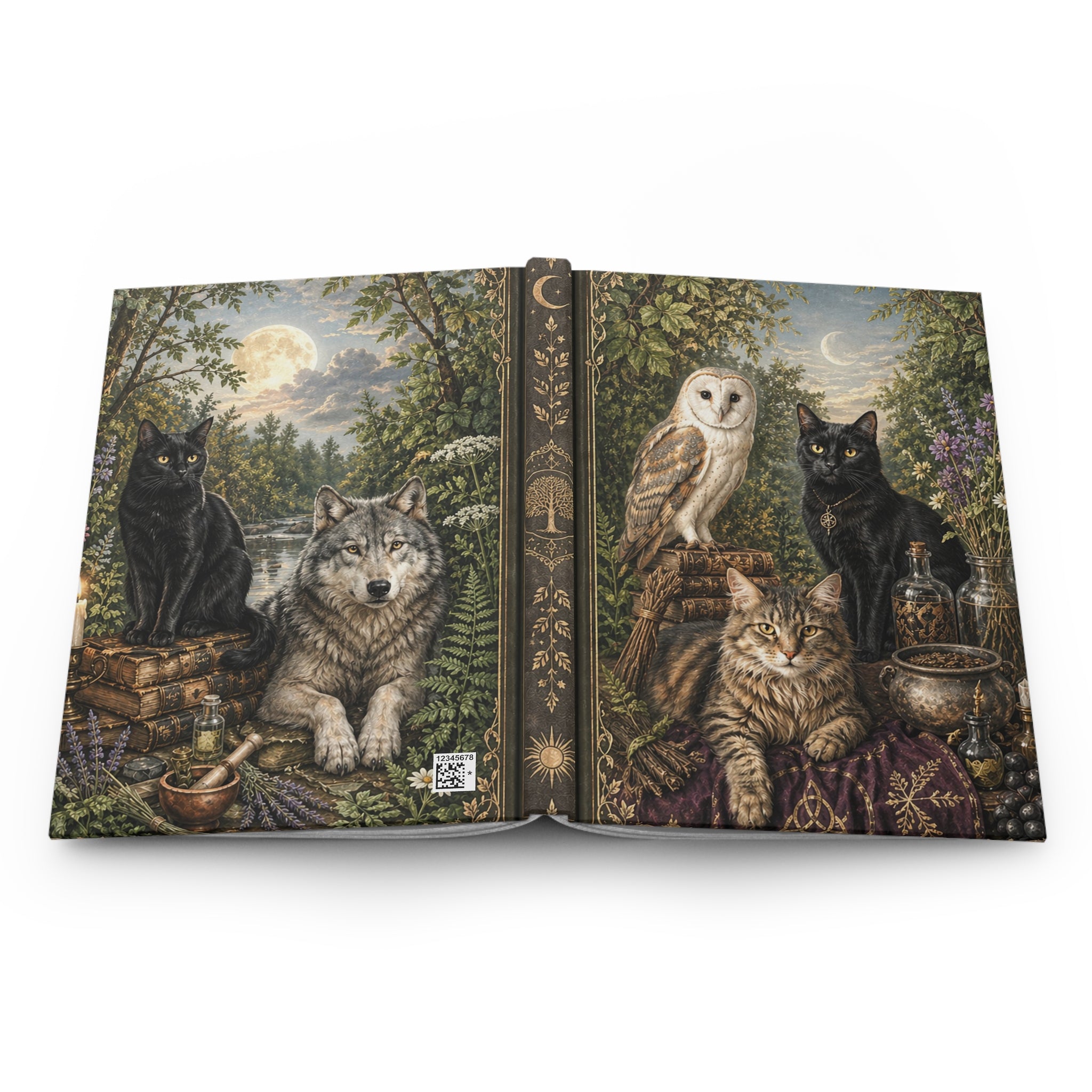 Mystic Forest Journal — Cats, Owl & Wolf Vintage Hardcover Notebook