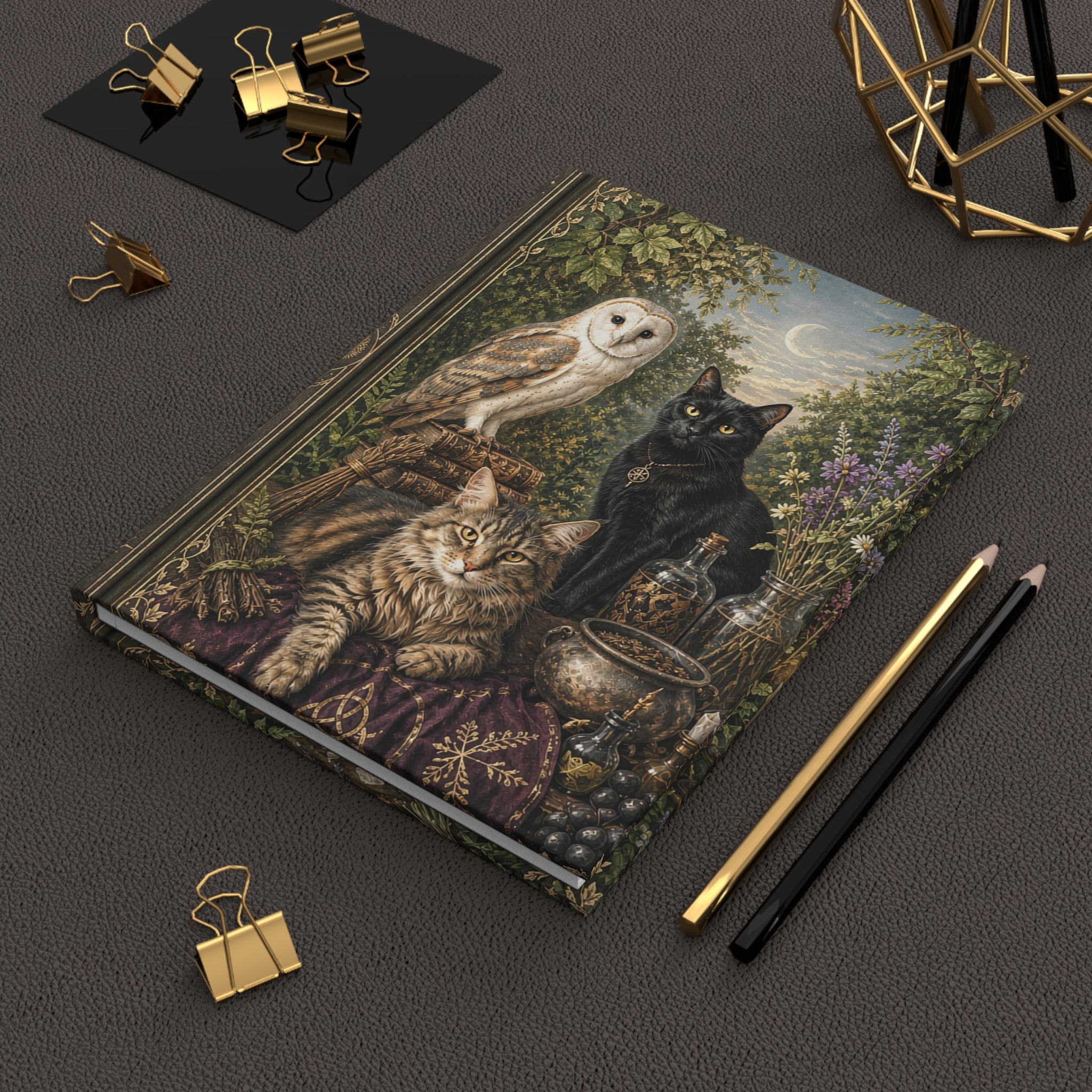 Mystic Forest Journal — Cats, Owl & Wolf Vintage Hardcover Notebook