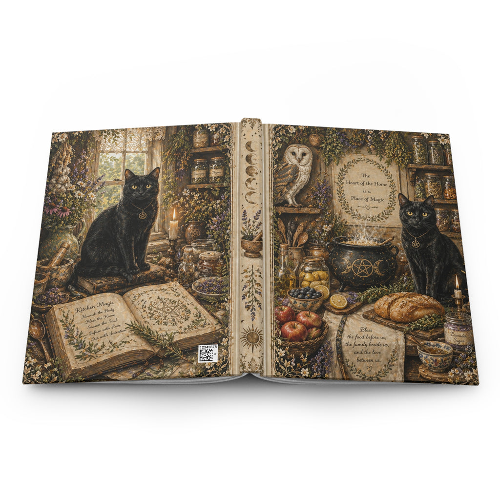 Witch's Kitchen Hardcover Journal — Black Cat & Owl Grimoire Notebook